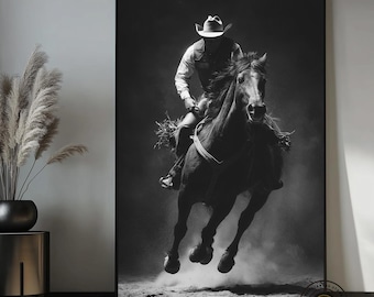 Canvas muurdecoratie met cowboypaard, zwart-wit westerndecoratie, rodeo paardenprint, cowboy muurdecoratie, ranchdecoratie, groot canvas met paard