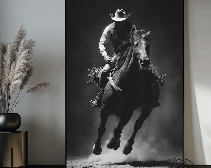 Cowboy Horse Canvas Wall Art, Black and White Western Decor, Rodeo Horse Print, Cowboy Wall Art, Ranch Decor, Large Horse Canvas