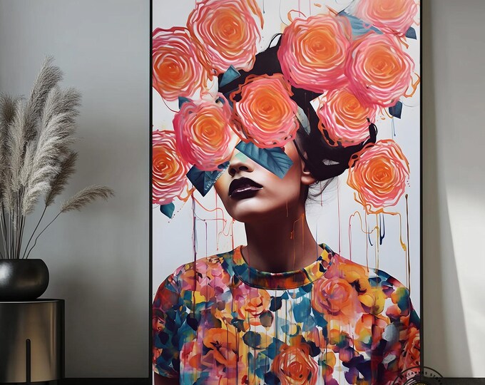 Abstract Floral Woman Canvas Art, Pink Rose Face Painting, Modern Feminine Portrait