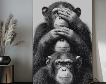 Muurdecoratie met de Drie Wijze Apen, Ziet Niets Hoor Niets Spreekt Niets, Canvas Kunstwerk met Chimpansees, Zwart-Witte Apenprint, Grappige Dierendecoratie