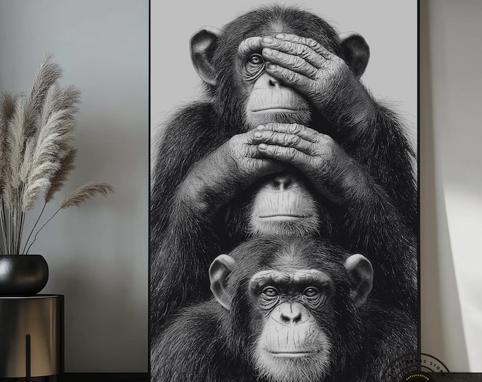 Three Wise Monkeys Wall Art, See No Evil Hear No Evil Speak No Evil, Chimpanzee Canvas Art, Black White Monkey Print, Funny Animal Decor