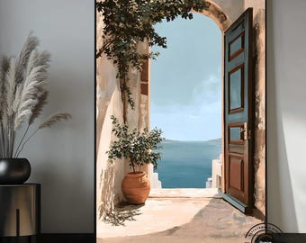 Mediterranean Wall Art Canvas, Greek Island Sea View Painting, Santorini Inspired Wall Decor, Coastal Canvas Art, Summer Home Decor