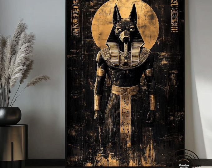 Anubis Wall Art Canvas, Black Gold Egyptian God Painting, Mythology Print