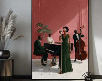 Jazz Band Canvas Wall Art, Black Jazz Singer Art, African American Music Decor, Vintage Jazz Club Painting, Colorful Music Canvas Print