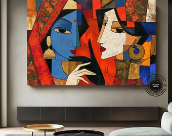 Indiase kunst op canvas, kleurrijk schilderij geïnspireerd op Krishna, boho-stijl hindoeïstische woondecoratie