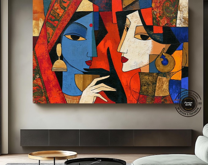 Indian Art Canvas Wall Art, Colorful Krishna Inspired Painting, Boho Hindu Home Decor