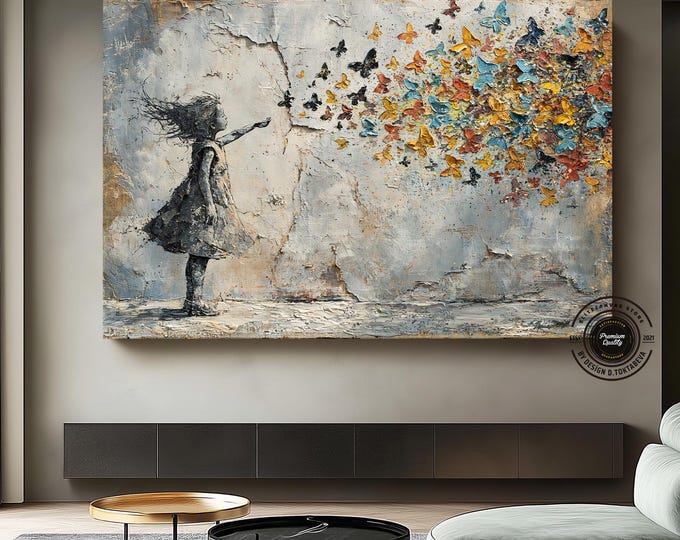 Urban Street Art Canvas, Graffiti Style Butterfly Girl, Abstract  Wall Art, Modern Living Room Decor