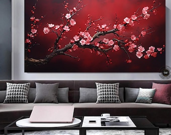 Red Flowers Canvas Art, Sakura Blossoms Wall Decor, Print on Canvas, Living Room Decor, Asian Japanese Wall Art, Wall Hanging, Nature Art