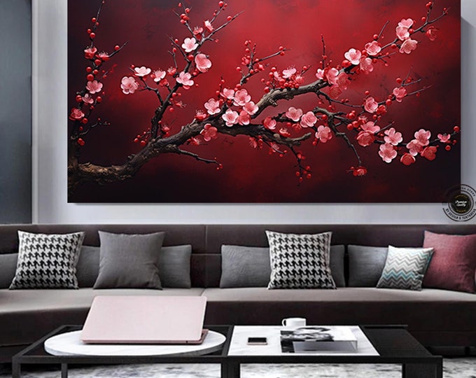 Red Flowers Canvas Art, Sakura Blossoms Wall Decor, Print on Canvas, Living Room Decor, Asian Japanese Wall Art, Wall Hanging, Nature Art