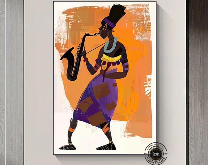 Jazz Saxophone Woman Canvas Art, Vibrant Music Painting, African Woman Wall Decor, Ready to Hang, African Culture, African Print