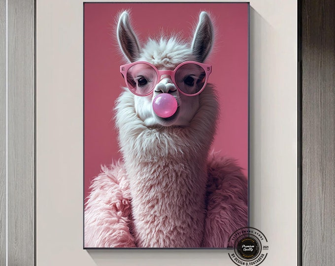 Cool lama canvas wall art with pink sunglasses blowing gum quirky and stylish, Abstract Art, Home Decor, Lama Painting