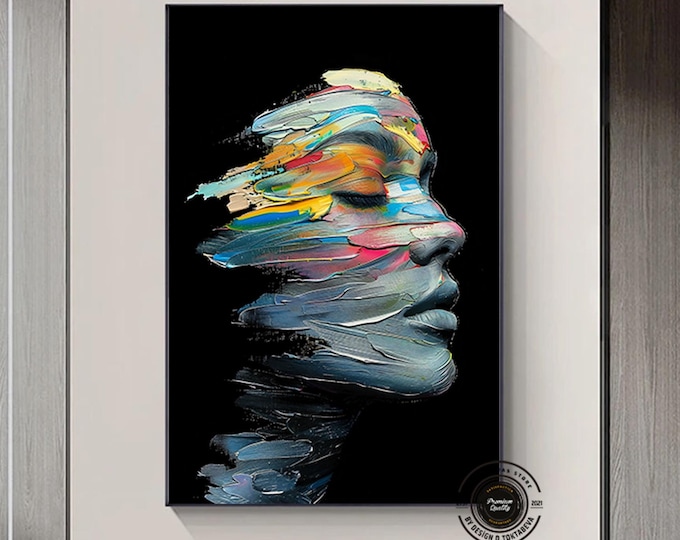 Abstract Woman Portrait, Modern Large Feminine Wall Art, Abstract Face Contemporary Decor, Bold Portrait Artwork Print, Stripe Lady Boho Art