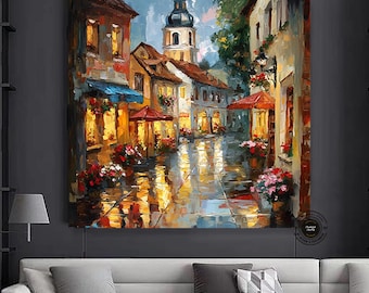 Canvas wall art of a city street with flowers and a church in the background
