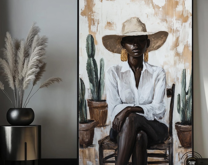 Boho Afro Art Canvas: Minimal African Woman Portrait with Cactus
