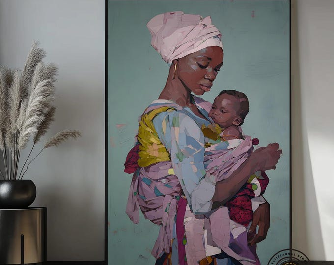 Mother and Child Canvas Art – African Mother with Baby Painting, Modern Emotional Wall Decor