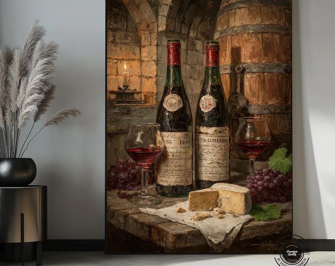 Vintage Wine Cellar Canvas Art, Rustic Still Life Painting, French Winery Bar Decor