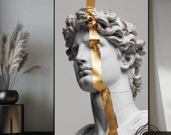 Greek Statue Wall Art, David Sculpture Canvas, Gold Stripe Modern Art, Luxury Classical Decor, Marble Statue Artwork, Modern Home Decor