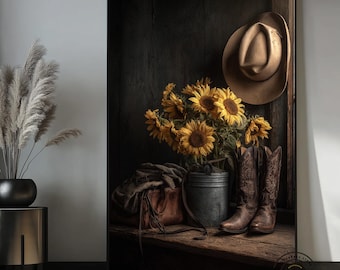 Rustic Sunflower Cowboy Canvas Wall Art, Western Farmhouse Decor, Cowboy Boots & Hat Canvas Print, Country Style Wall Art