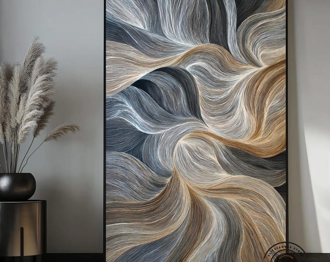 Abstract Neutral Canvas Wall Art – Modern Beige Black Wave Painting, Minimalist Line Art, Contemporary Large Wall Decor