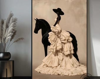 Black Woman on Horse Canvas Wall Art, Equestrian Fashion Art, Elegant Woman Portrait, Neutral Beige Wall Decor, Luxury Horse Artwork