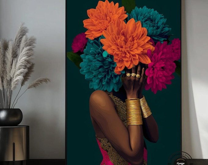 African Woman Floral Canvas Art – Afrocentric Modern Portrait Print