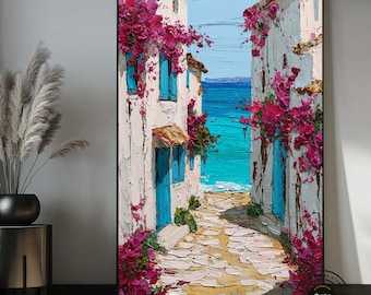 Mediterranean Coastal Canvas Wall Art, Greek Island Alley Painting, Bougainvillea Ocean View,Canvas  Floral Wall Decor, Santorini Style
