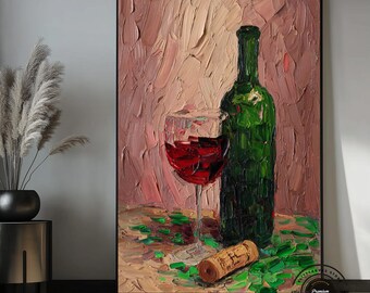 Red Wine Bottle Wall Art, Wine Still Life Painting, Kitchen Wall Decor, Wine Lover Gift, Rustic Wine Art, Modern Kitchen Artwork