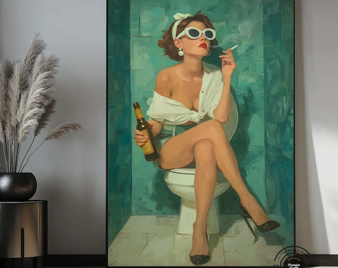 Bold & Chic Bathroom Wall Art – Vintage Woman Smoking Canvas, Retro Glam Decor, Quirky Bathroom Art, Modern Statement Piece