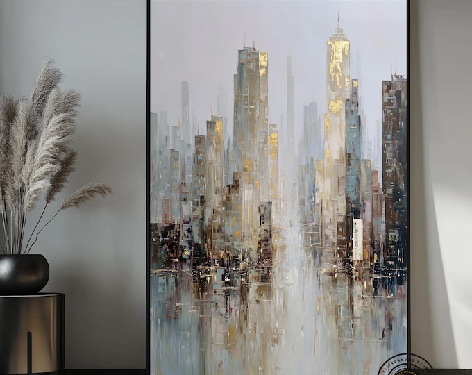 Abstract Gold and Gray Cityscape Canvas, Modern Wall Art, Urban Skyline Print, Wall Art Canvas Design, Ready to Hang Decoration