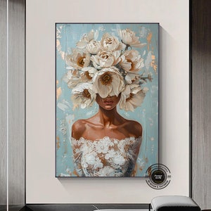 Woman with flower head canvas painting, roses and woman print, flower woman art, flowers and woman canvas wall art