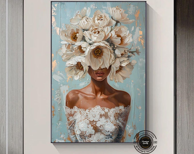 Woman with flower head canvas painting, roses and woman print, flower woman art, flowers and woman canvas wall art