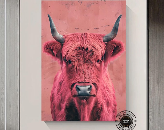 Pink Cow Wall Art | Vibrant Modern Animal Print on Canvas | Eye-Catching Home Decor for Living Rooms and Offices | Bold Colorful Gift