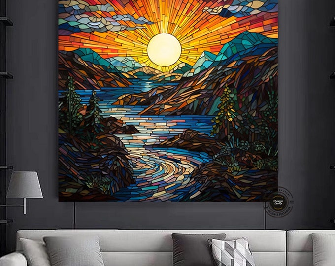 Stained glass style canvas wall art with river and mountains,River and mountains Canvas Painting,Ready to Hang.