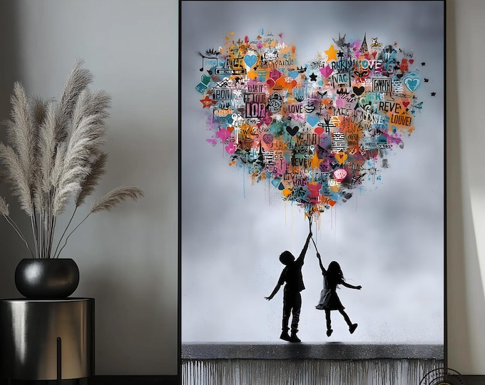 Heart Balloon Journey Canvas, Banksy Balloon Canvas, Balloon Poster, Banksy Art, Wall Art Canvas Design, Ready To Hang Decoration