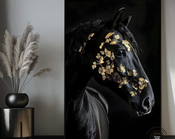 Black Horse Canvas Print: Gold Pattern, Modern Farmhouse Wall Art