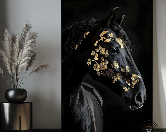 Black Horse Canvas, Gold Pattern Wall Art, Animal Wall Art, Horse Wall Art, Gold Black Horse, Modern Wall Art, Large Wall Art, Farmhouse Art
