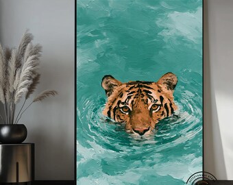 Tijger muurdecoratie, tijger canvasprint, schilderij van een zwemmende tijger, wanddecoratie met wilde dieren, moderne dierenkunst