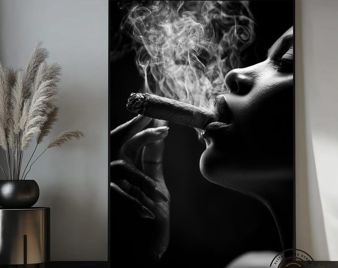 Black Woman Smoking Cigar Canvas Wall Art, Black and White African American Wall Art, Luxury Modern Home Decor, Large Vertical Framed Art