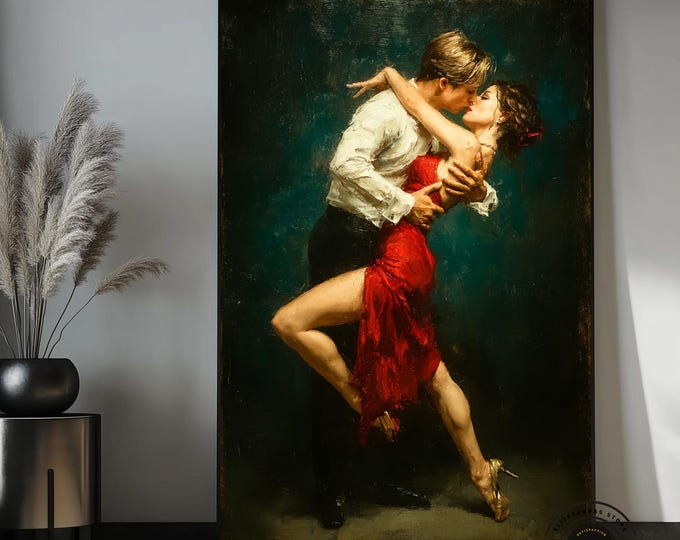Romantic Tango Couple Canvas Wall Art, Passionate Dance Painting, Elegant Love Artwork, Red Dress Wall Decor, Modern Canvas Print