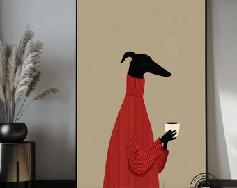 Whippet muurdecoratie op canvas, Greyhound koffieprint, grappige honden muurdecoratie, minimalistische hondenkunst, poster van een hond in een rode trui, keuken koffiedecoratie