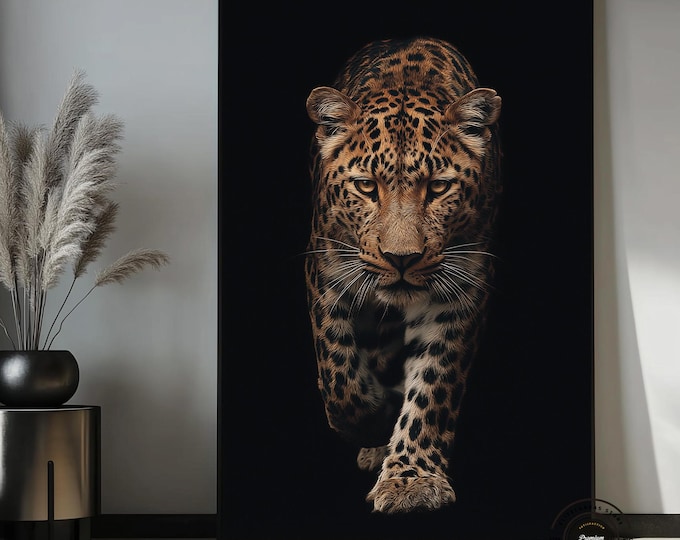 Luxury Leopard Wall Art – Powerful Wild Animal Canvas – Modern Black Minimal Decor