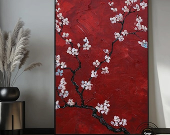 Red Floral Canvas Wall Art, Cherry Blossom Painting, Japanese Inspired Wall Decor, Botanical Canvas Print, Elegant Living Room Artwork