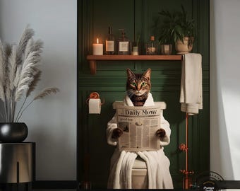 Funny Cat Bathroom Wall Art, Cat Reading Newspaper on Toilet Canvas Print, Humorous Bathroom Decor, Quirky Cat Lover Gift, Guest Toilet Art