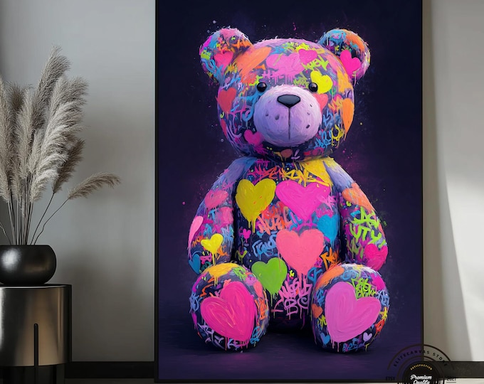 Graffiti Teddy Bear Canvas Art – Pop Art Street Decor, Neon Kids Room Print