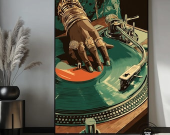 Muurdecoratie met een zwarte vrouw die cello speelt, afbeelding van een Afro-Amerikaanse muzikante, jazzmuziek muurdecoratie, moderne muziekposter, elegant oranje kunstwerk