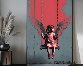 Angel Girl on Swing Canvas Wall Art, Banksy Style Graffiti Art, Pink Wings Street Art, Modern Urban Wall Decor, Girl Bedroom Decor