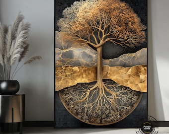 Golden Tree of Life – Luxury Abstract Canvas Wall Art with Gold Details