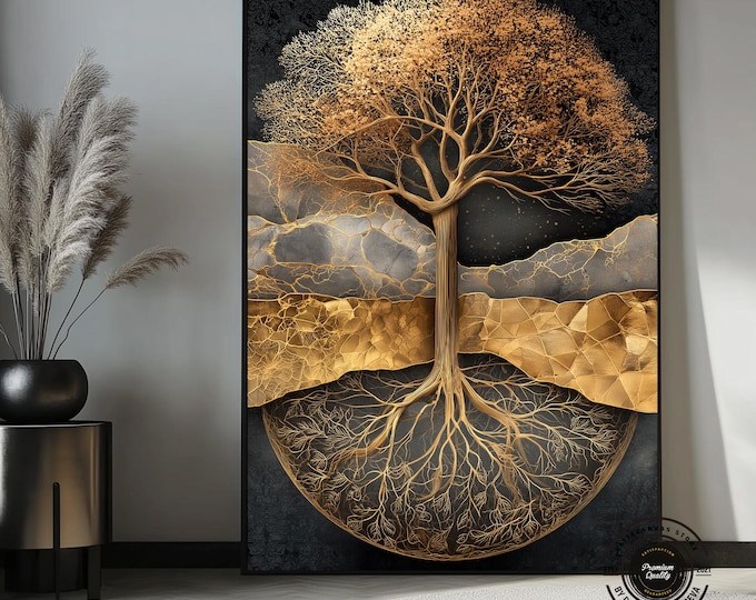 Golden Tree of Life – Luxury Abstract Canvas Wall Art with Gold Details