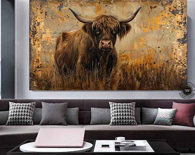 Highland Cow In Grass Dark Brown Painting Canvas Print Extra Large Farmhouse Wall Art, Scottish Cattle Rustic Wall Art Framed, Ready To Hang
