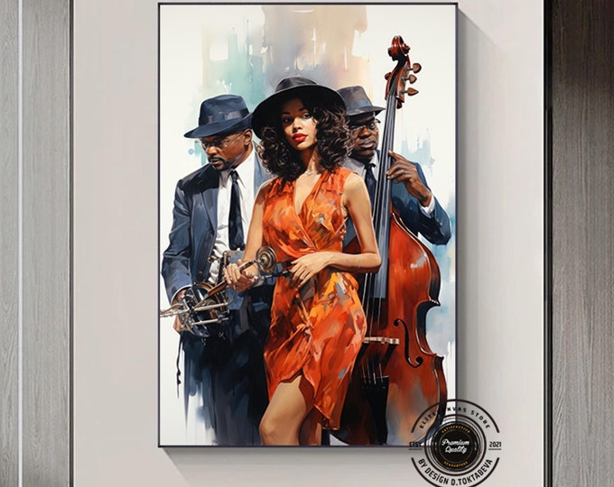 African Jazz Art, African Canvas, Jazz Wall Art,Black  Musician Canvas, Colorful painting  with jazz band on the streets